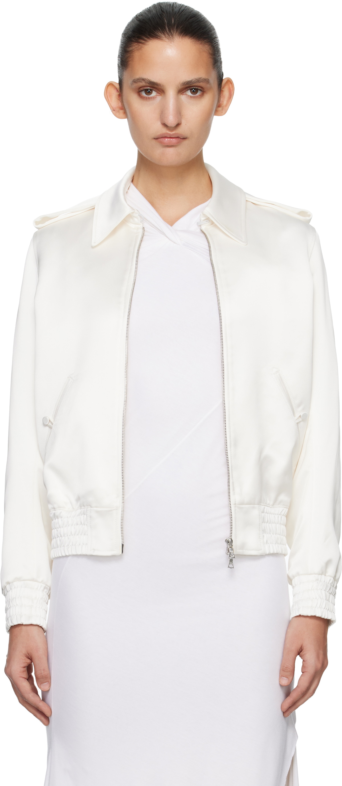 AARON ESH Off-White Satin Blouson Flight Jacket