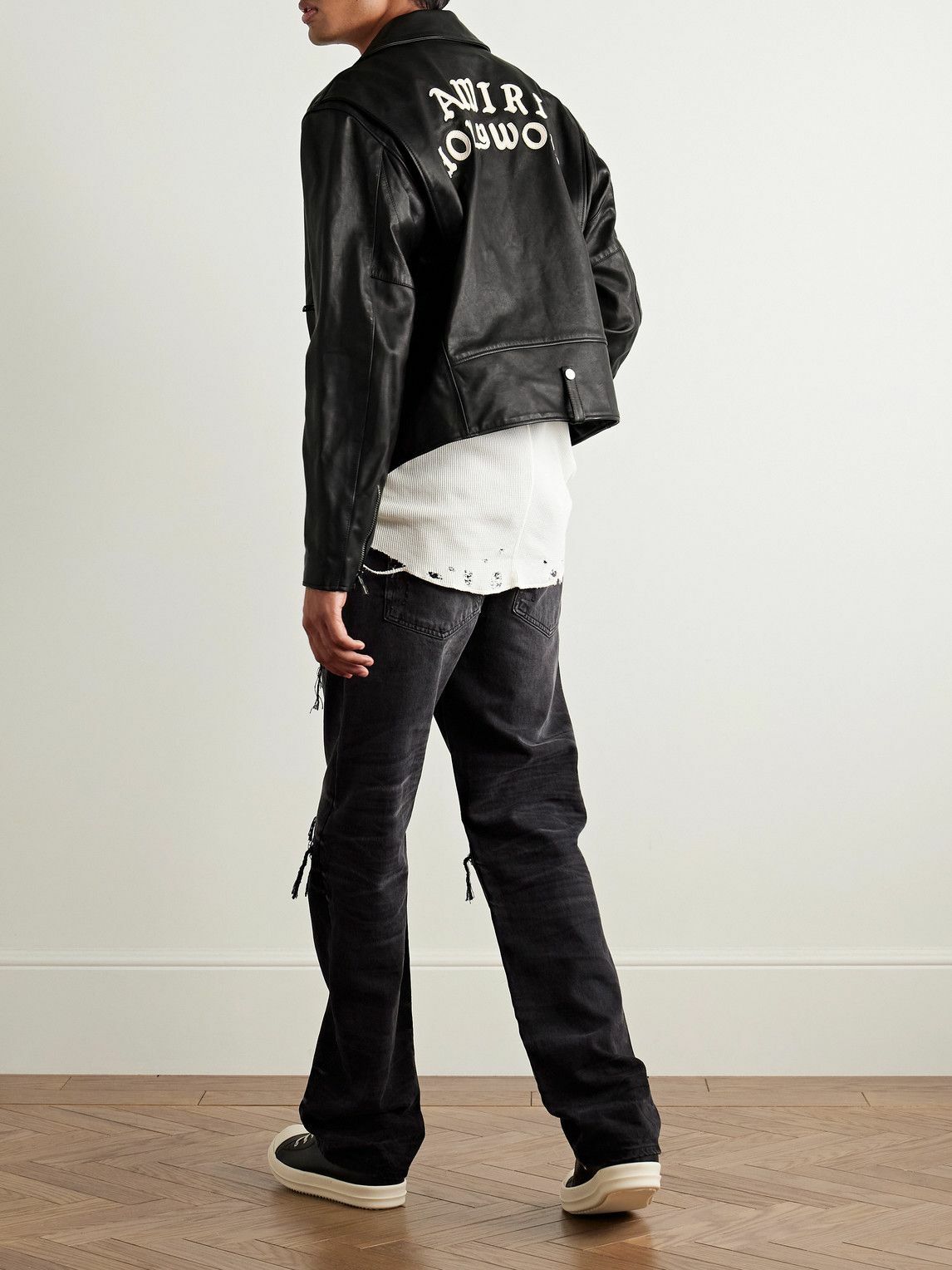 AMIRI - Hollywood Cropped Logo-Appliquéd Leather Biker Jacket - Black