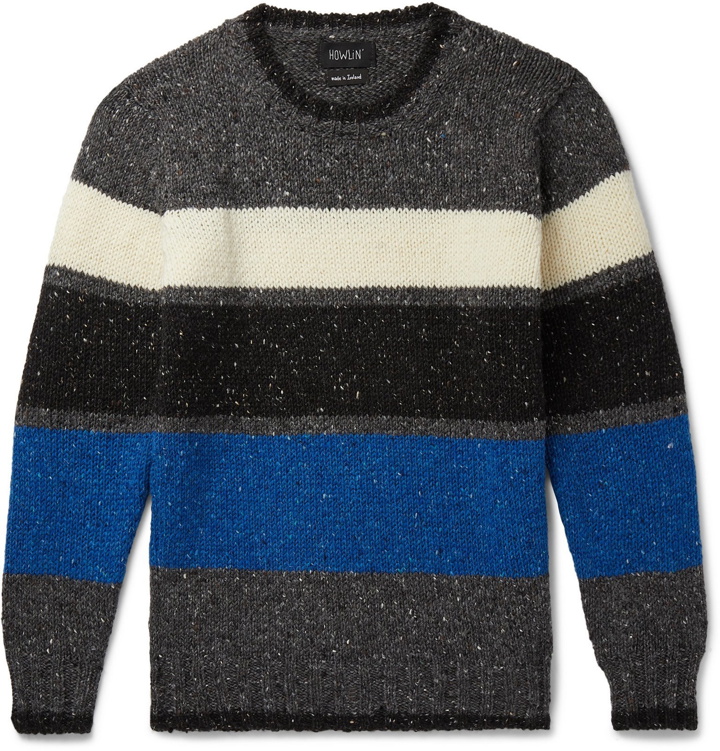 Photo: Howlin' - Praise Yah Striped Donegal Wool Sweater - Gray