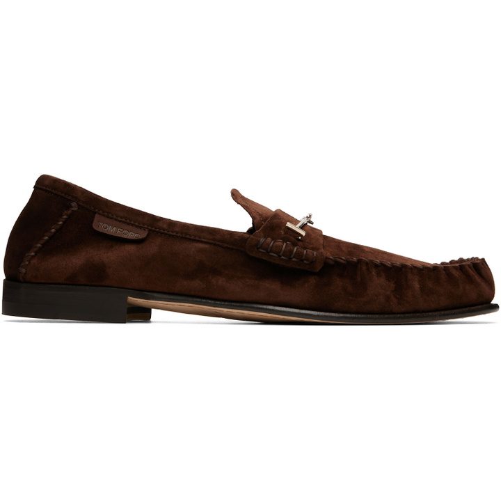 Photo: TOM FORD Brown Suede Double T Hardware Ripley Loafers