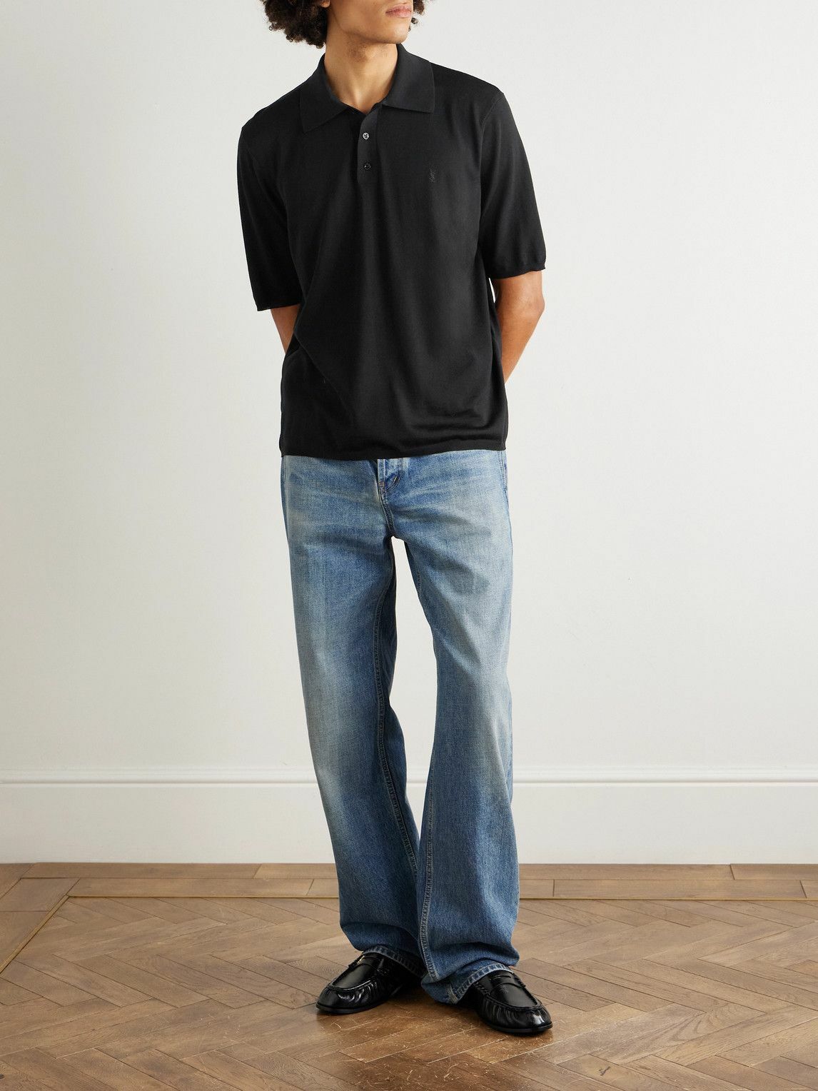 SAINT LAURENT - Cassandre Logo-Embroidered Wool Polo Shirt - Black