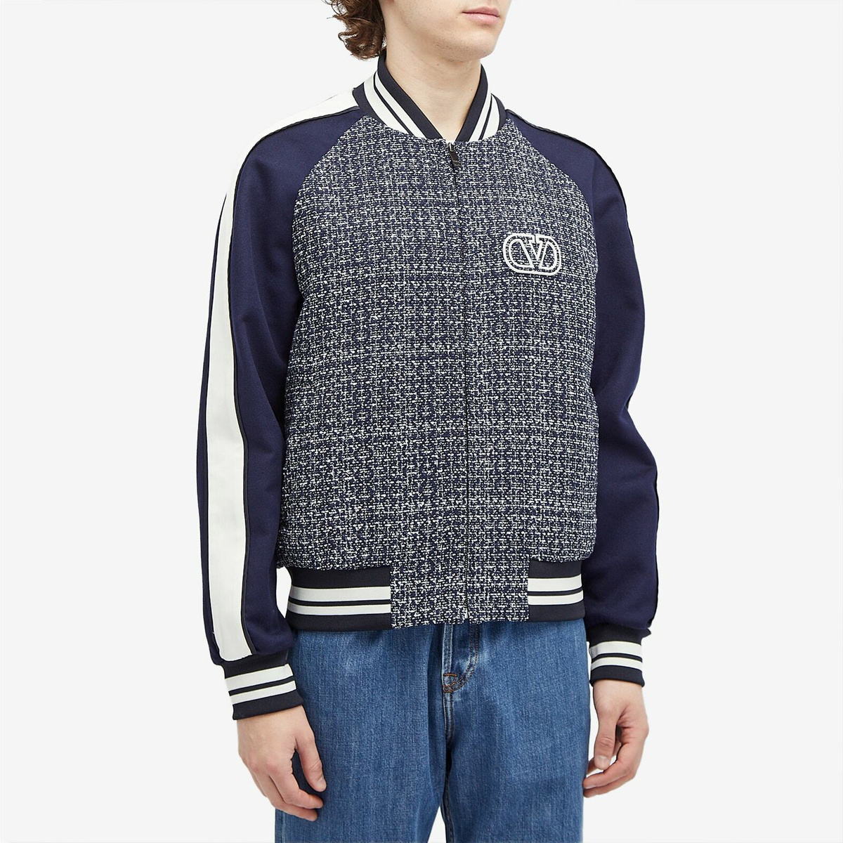 Valentino Men's Signature Wool Bomber Jacket in Blue/White/Navy