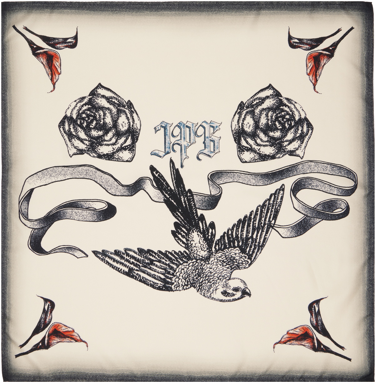 Jean Paul Gaultier Beige & Black 'The Tattoo Bird' Printed Silk Scarf