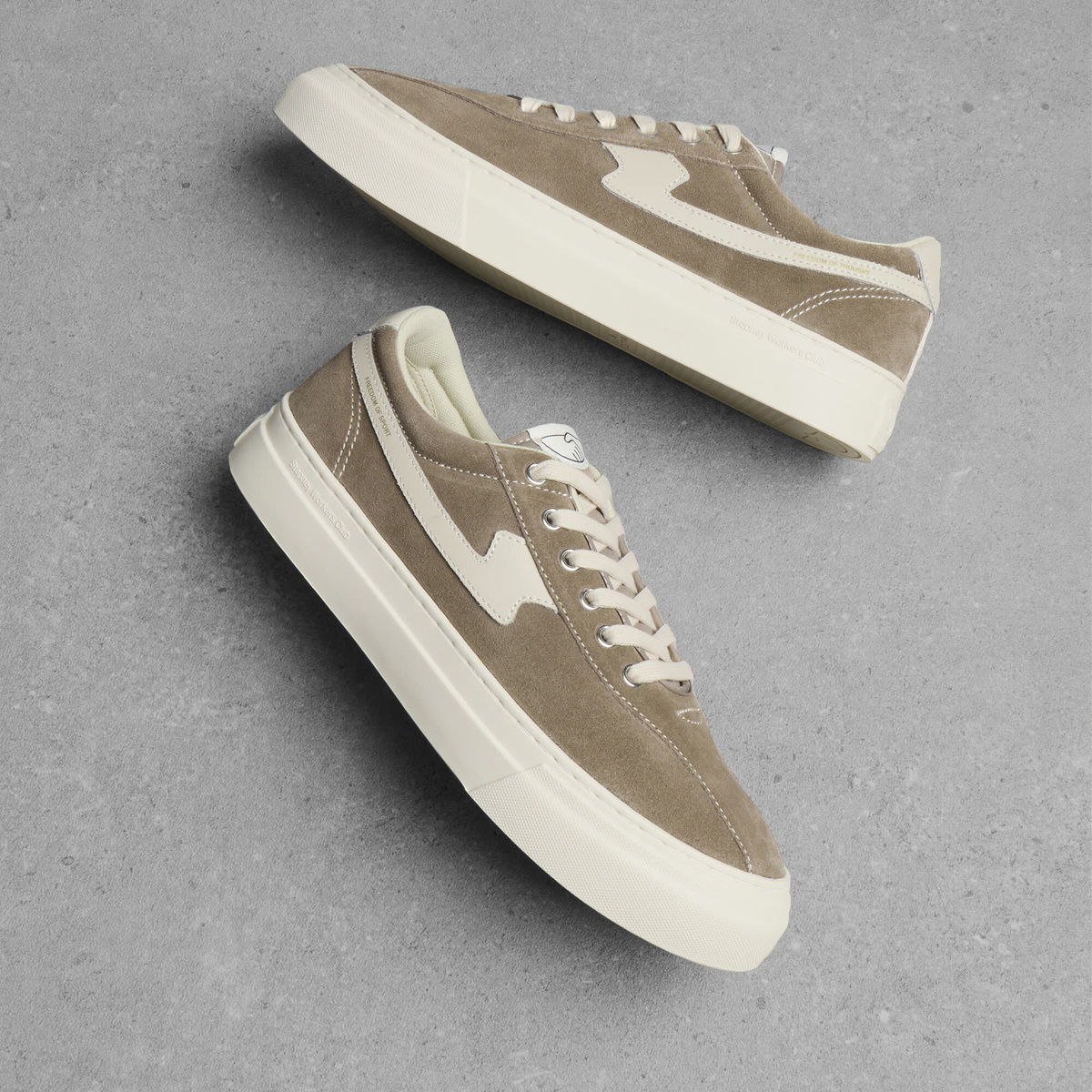 Stepney Workers Club Men's Dellow S-Strike Cup Suede Sneaker in Warm Grey