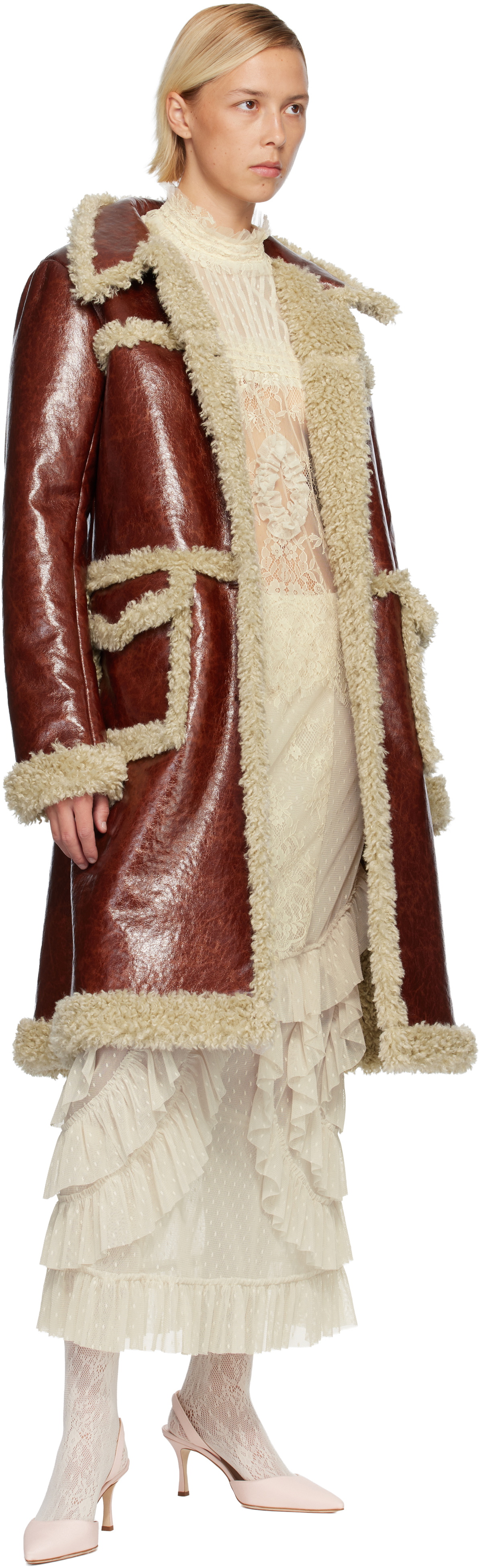 Anna Sui Brown Curly Lamb Trim Faux-Leather Coat