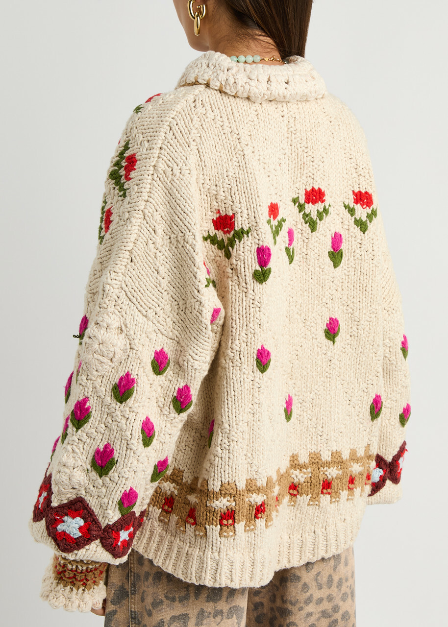 Free People Rosebud Embroidered Cotton-blend Cardigan Beige