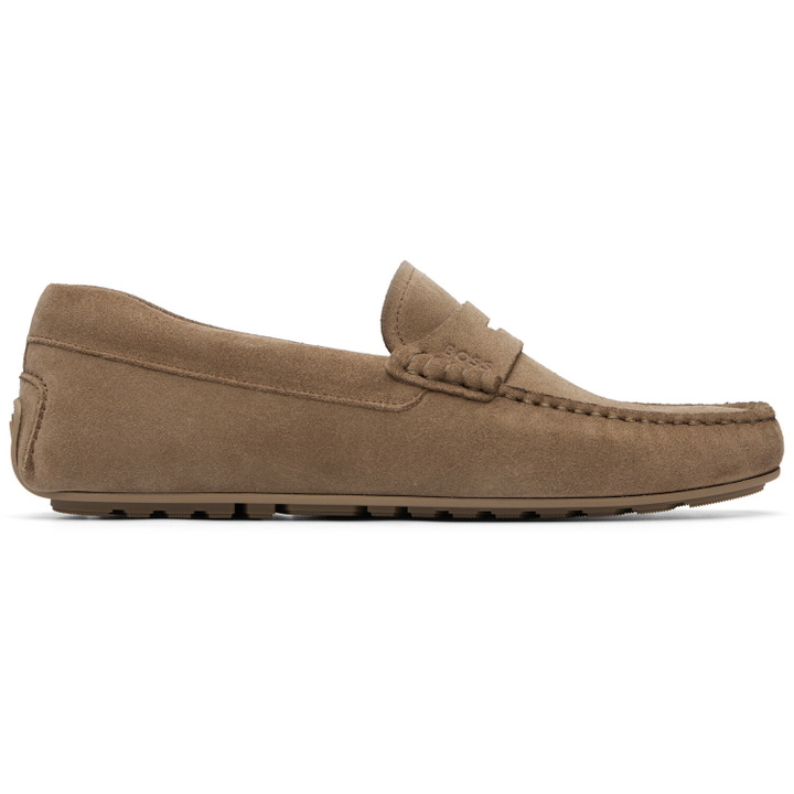 Photo: BOSS Beige Penny Trim Suede Loafers