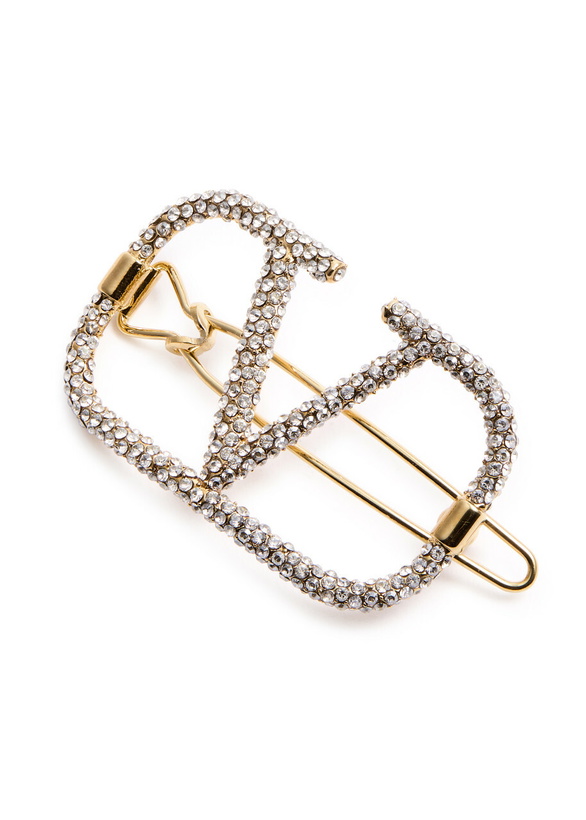 Valentino Garavani V Logo Signature Crystal Embellished Hair Clips in Gold Valentino Gold Valentino Garavani VLogo Hair Clip Valentino  main image 2