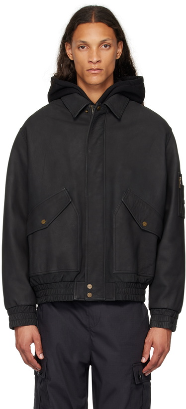 Photo: Hugo Black Pointed Collar Leather Bomber Jacket