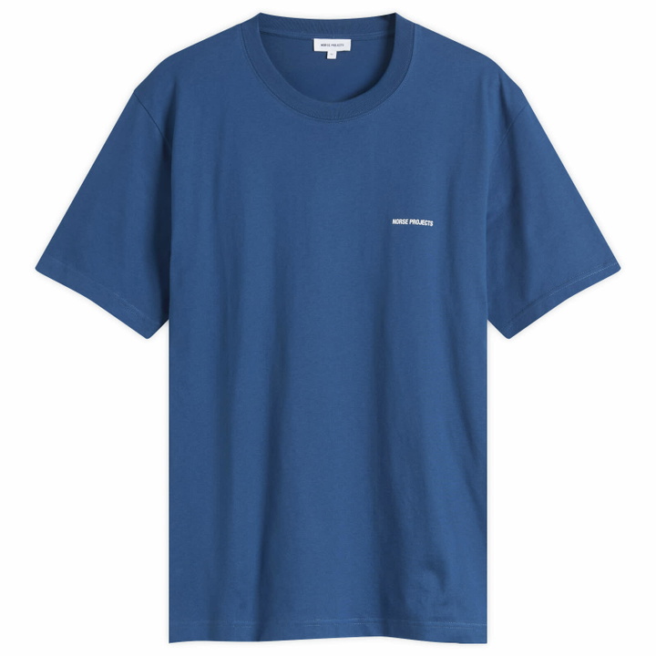 Photo: Norse Projects Men's Johannes Organic NORSE Logo Print T-shirt in Estate Blue