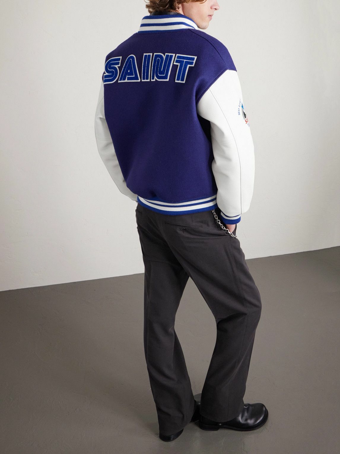 SAINT MXXXXXX - SEGA Wool-Blend and Leather Varsity Jacket - Blue