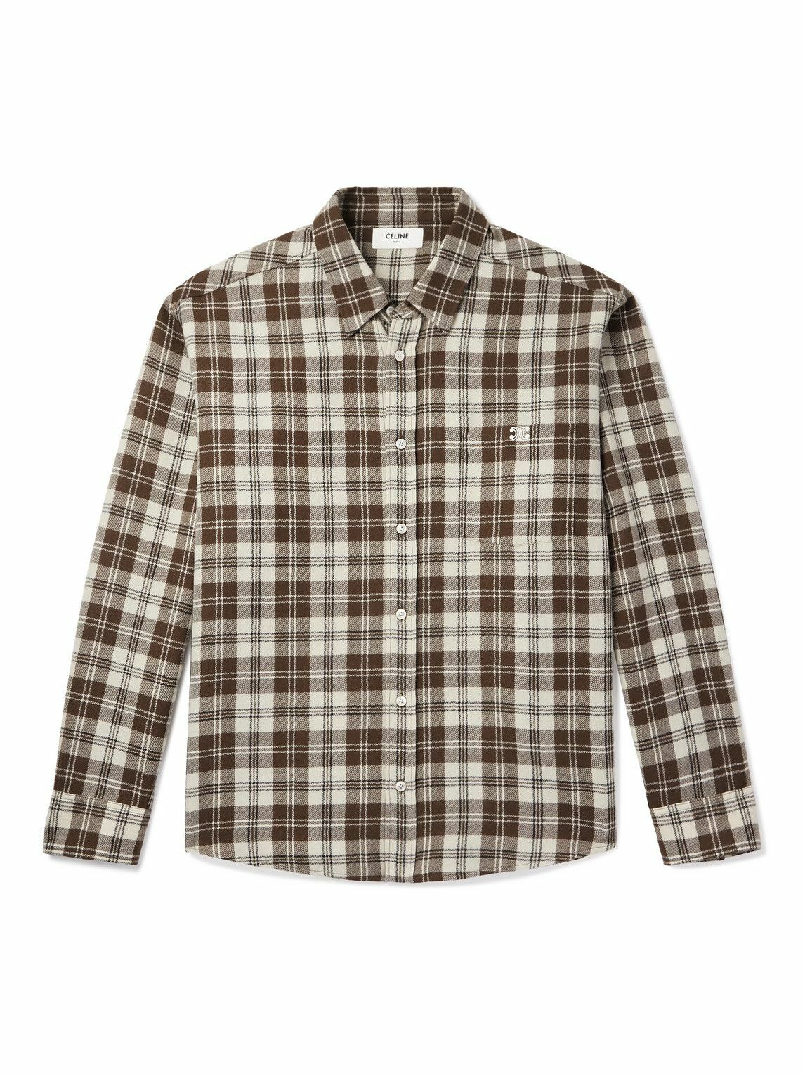 CELINE - Logo-Embroidered Checked Wool-Flannel Shirt - Neutrals