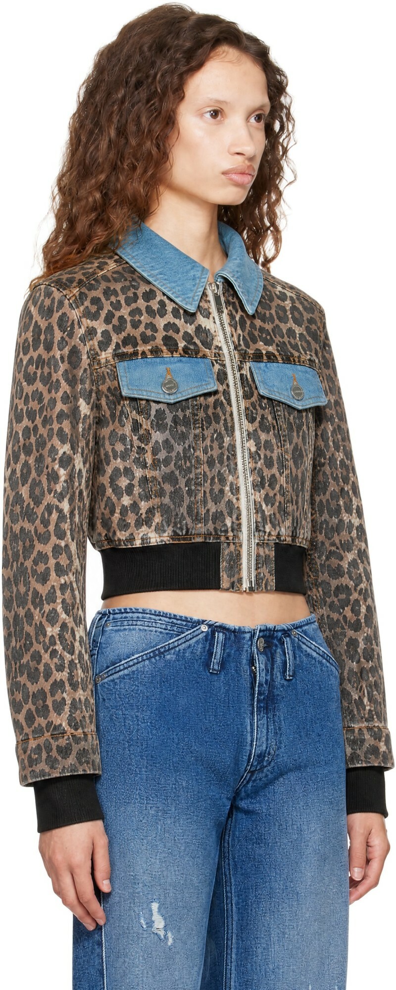 GANNI Multicolor Print Denim Small Bomber Jacket