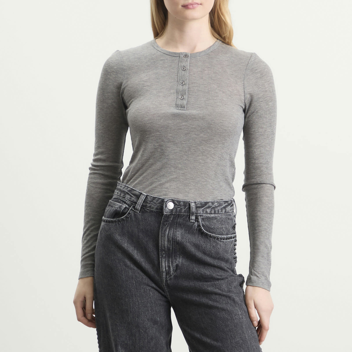 Samsøe Samsøe Women's Sadodo Long Sleeve Henley Top in Mid Grey Melange