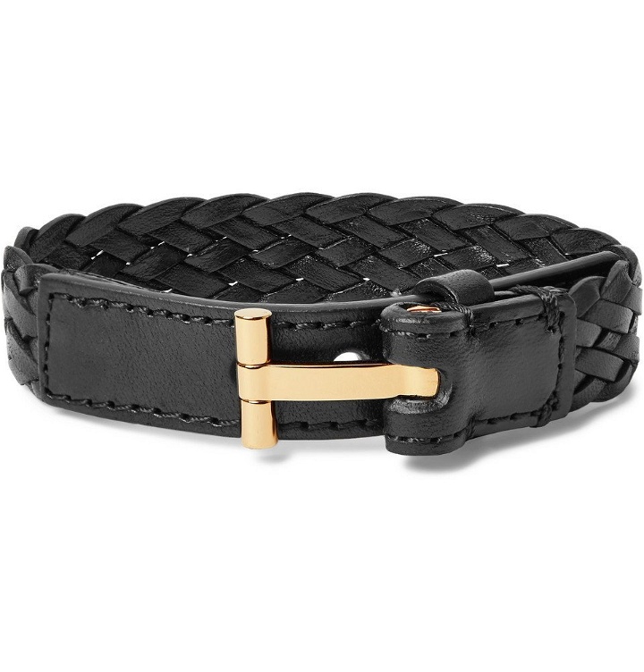 Photo: TOM FORD - Woven Leather and Gold-Tone Bracelet - Men - Black