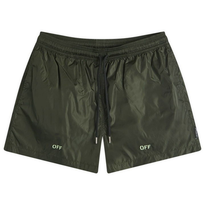 Photo: Off-White Men's Off Stamp Swim Shorts in Forest River