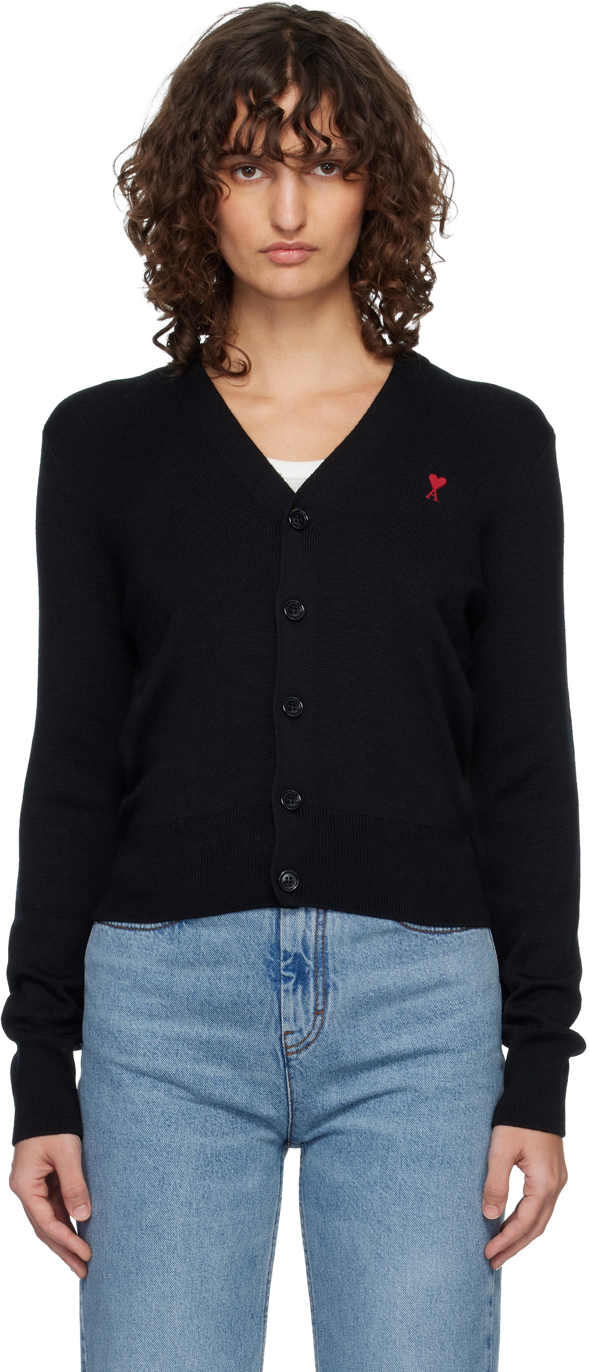 AMI Paris Black Wool Ami de Coeur Cardigan