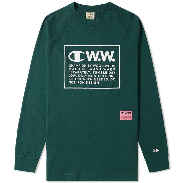 Photo: Champion x Wood Wood Long Sleeve Box Logo Tee Forest