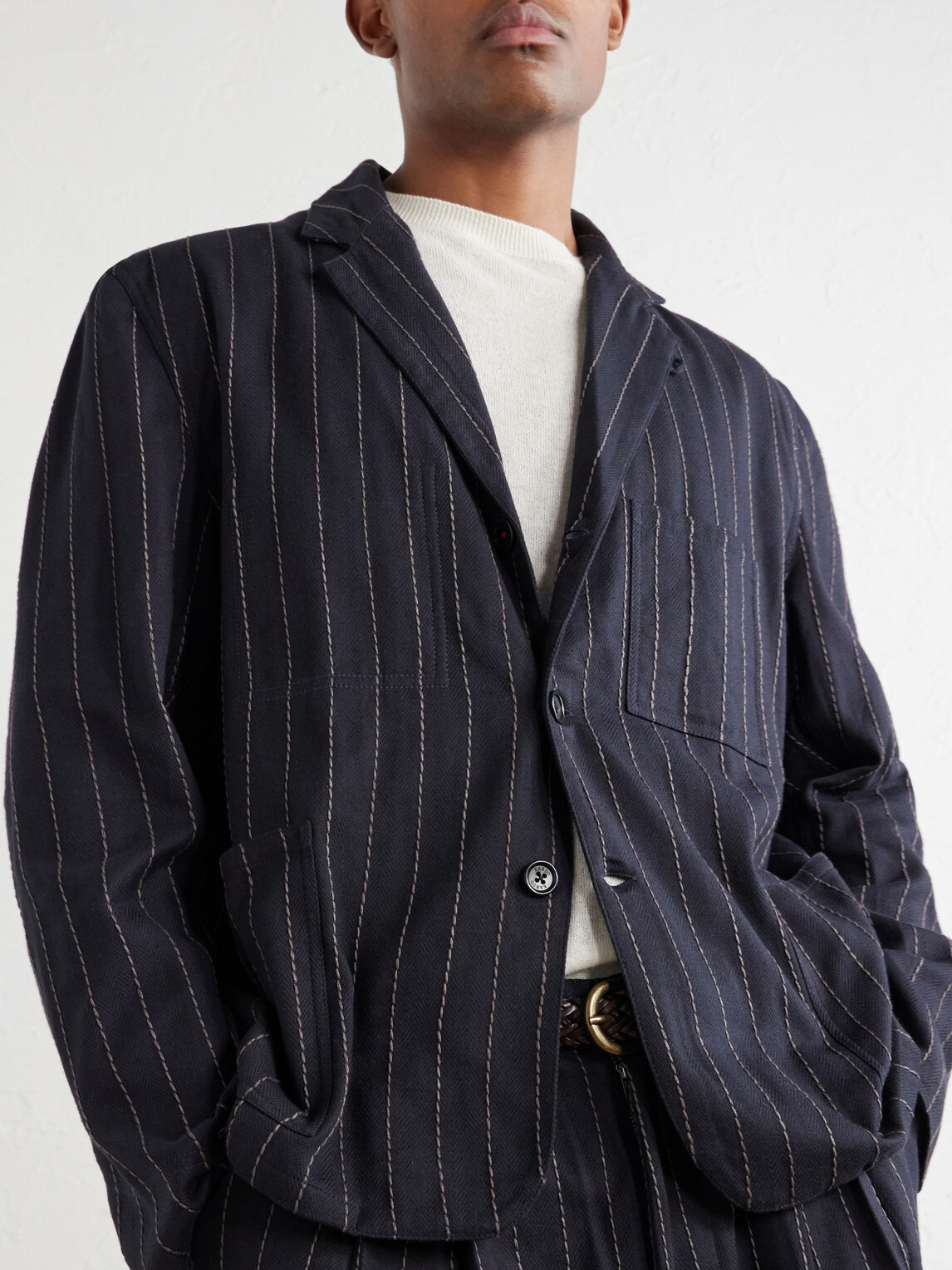 Kardo - Somesh Embroidered Striped Herringbone Cotton Suit Jacket - Blue