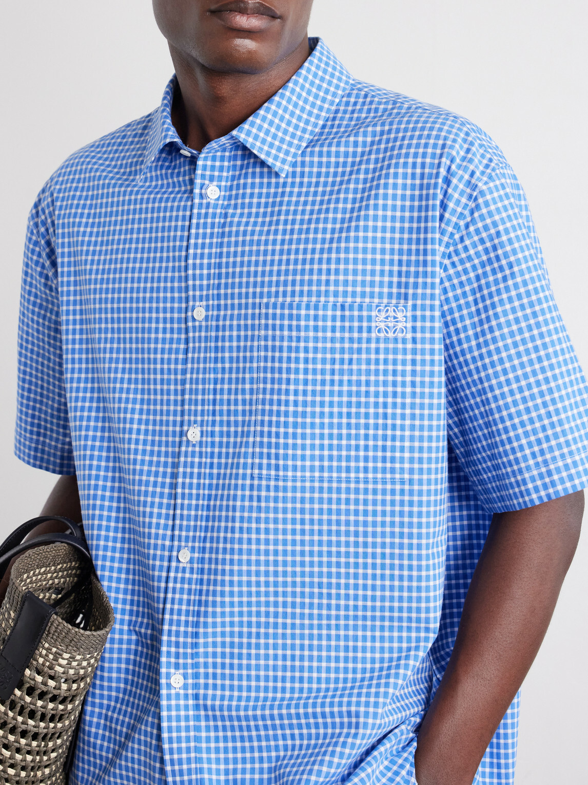LOEWE - Paula's Ibiza Logo-Embroidered Checked Cotton-Poplin Shirt - Blue