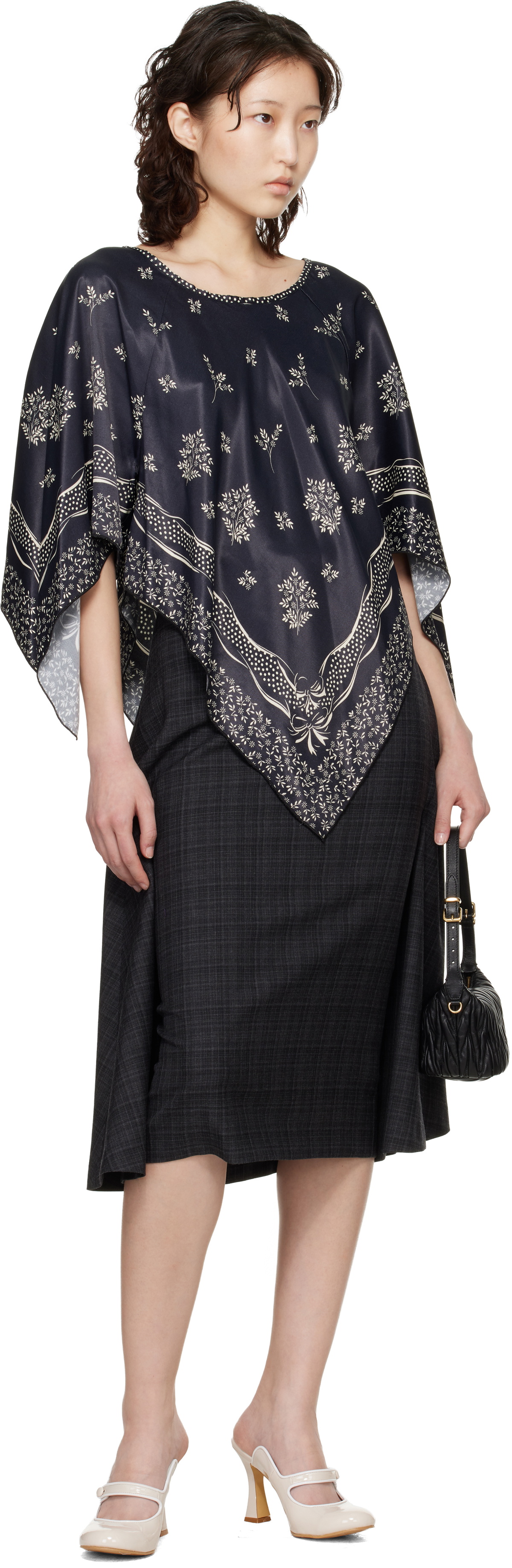 Anna Sui Black Ribbon Handkerchief Satin Print Poncho Blouse