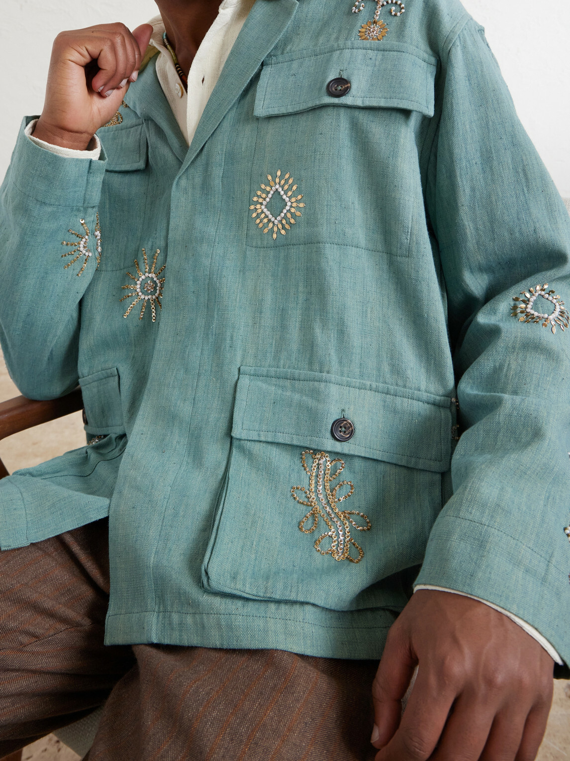 Kartik Research - Safari Embroidered Cotton Jacket - Green