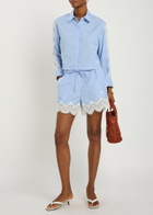 Simkhai Emmie Striped Lace-trim Cotton-poplin Shorts Blue