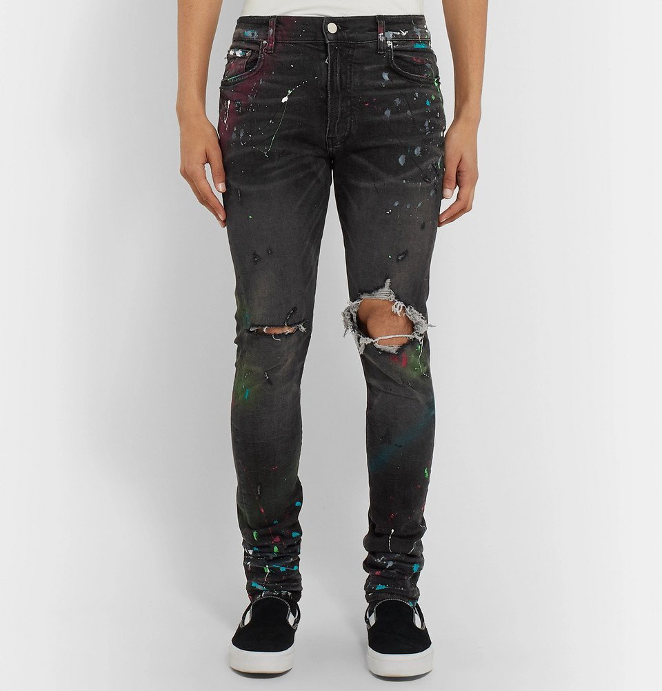 AMIRI - Skinny-Fit Distressed Paint-Splattered Stretch-Denim Jeans - Dark  gray