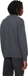 AMI Paris Gray Wool Contrasted Ami de Coeur Crewneck Sweater