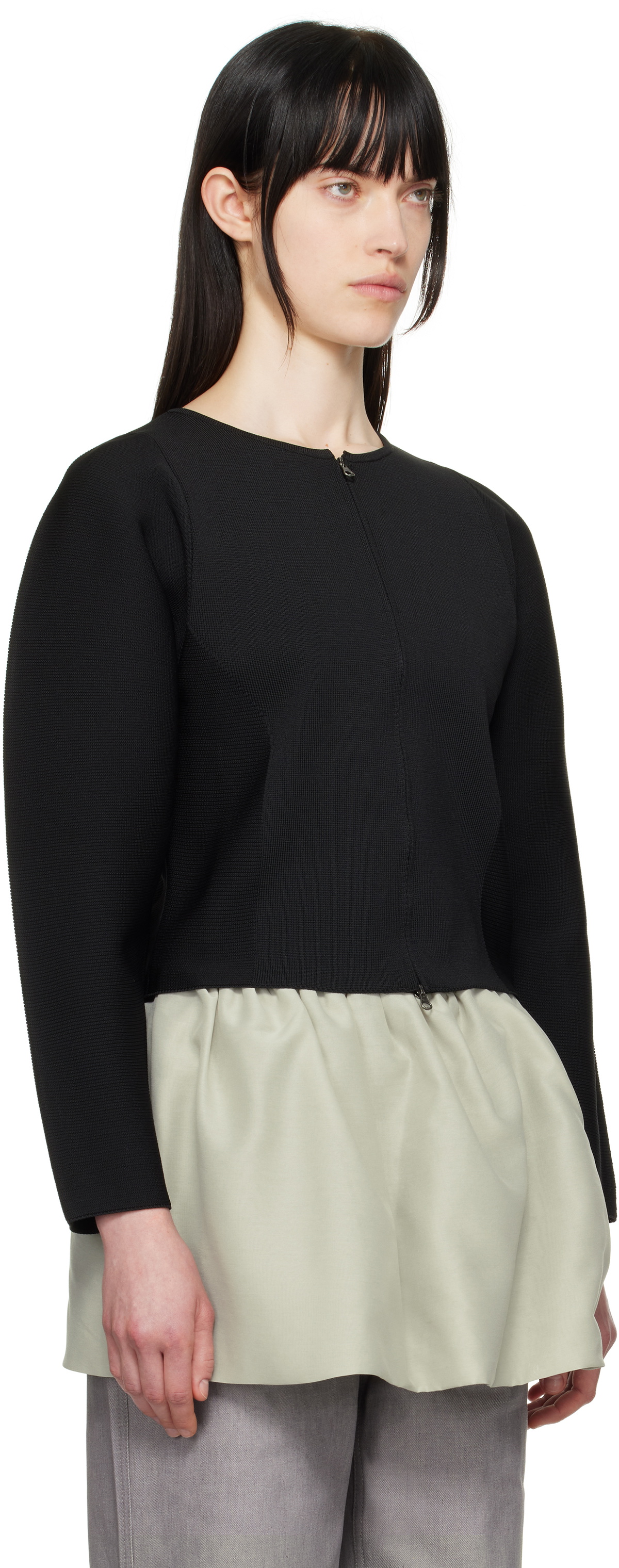 AMOMENTO Black Rounded Zip-Up Cardigan