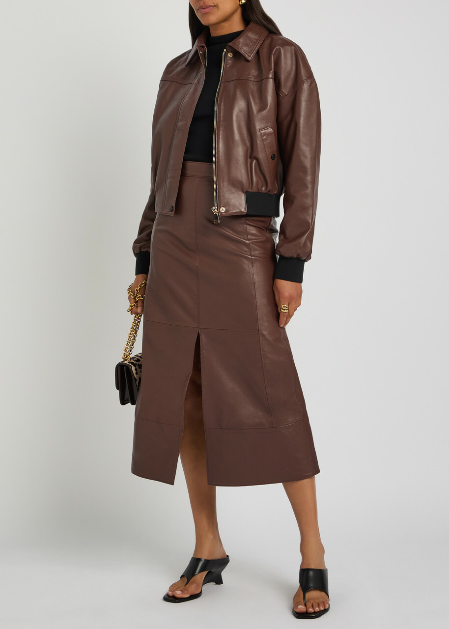 Skiim Farrah Leather Midi Skirt Dark Brown
