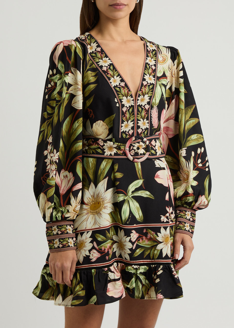 Farm Rio Floral-print Belted Mini Dress Black