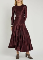 Tory Burch Asymmetric Satin Midi Dress Dark Red