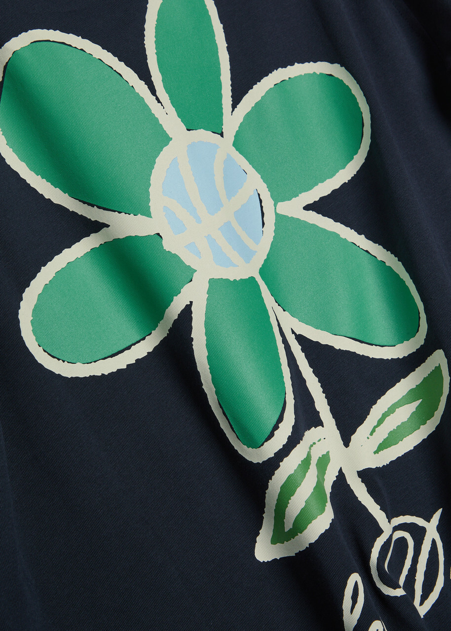 Les Deux Flower Printed Cotton T-shirt Navy