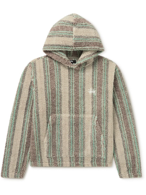 Photo: Stussy - Logo-Embroidered Striped Fleece Hoodie - Brown