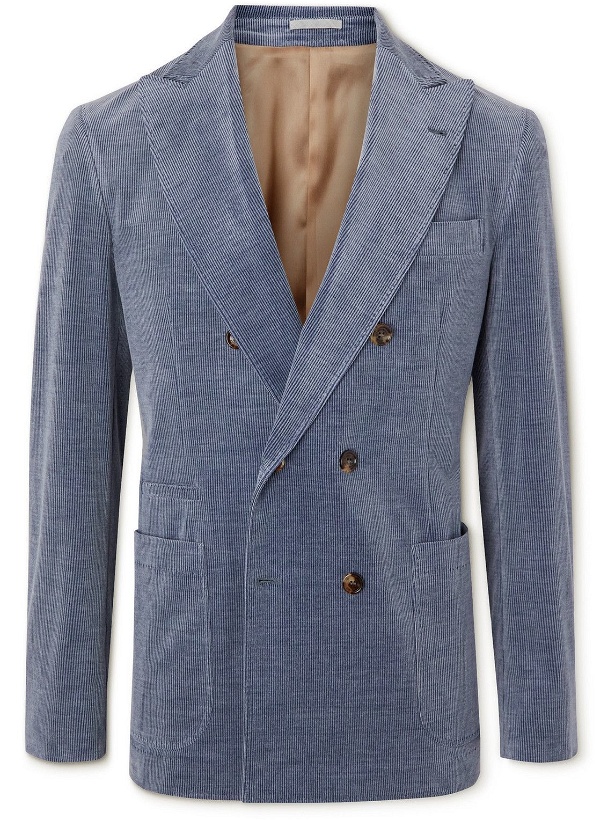 Photo: Brunello Cucinelli - Double-Breasted Cotton-Blend Corduroy Suit Jacket - Blue