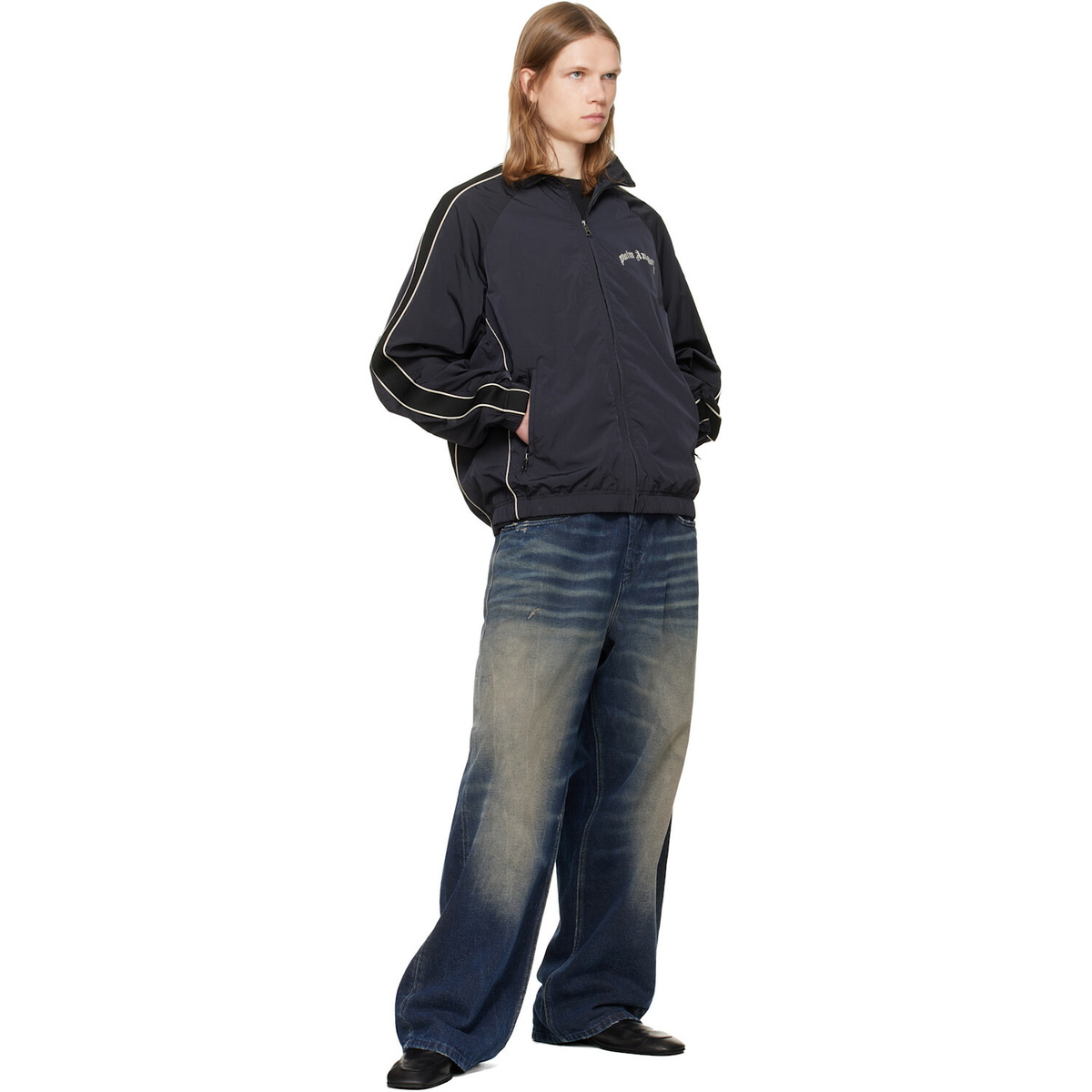 Palm Angels Black Curved Logo Vintage Windbreaker Track Jacket