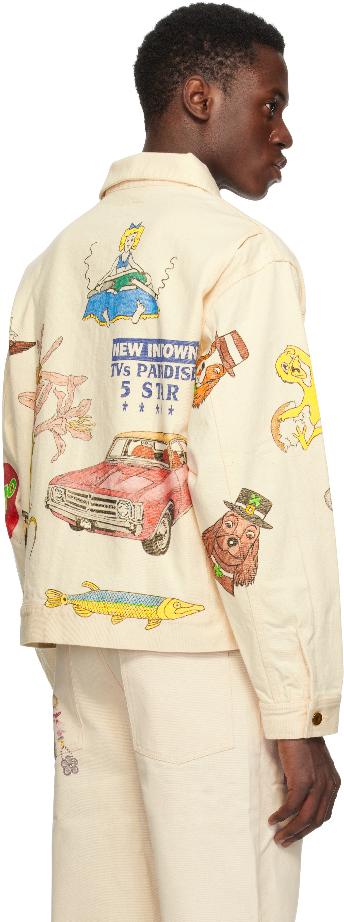 Small Talk Studio SSENSE Exclusive Off-White Custom Hand Drawn Trucker Denim Jacket