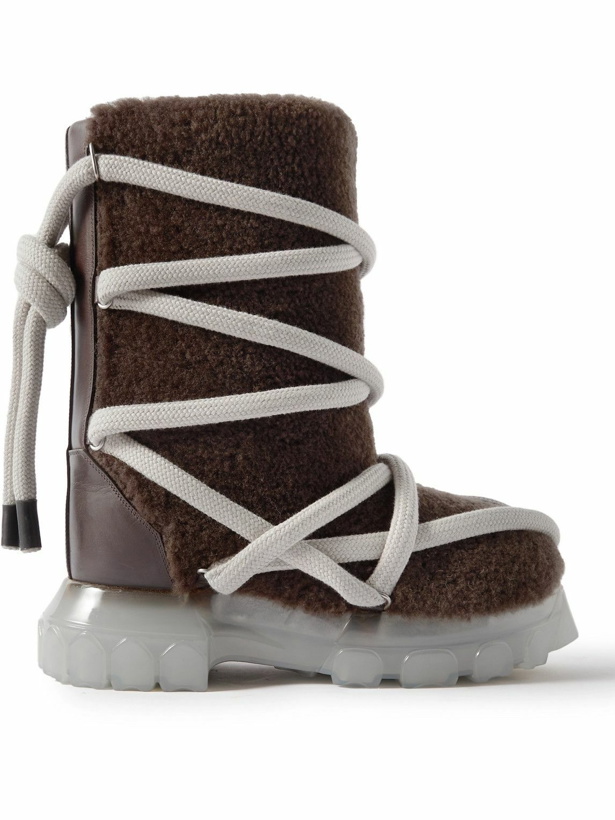 Photo: Rick Owens - Lunar Tractor Leather-Trimmed Shearling Boots - Brown