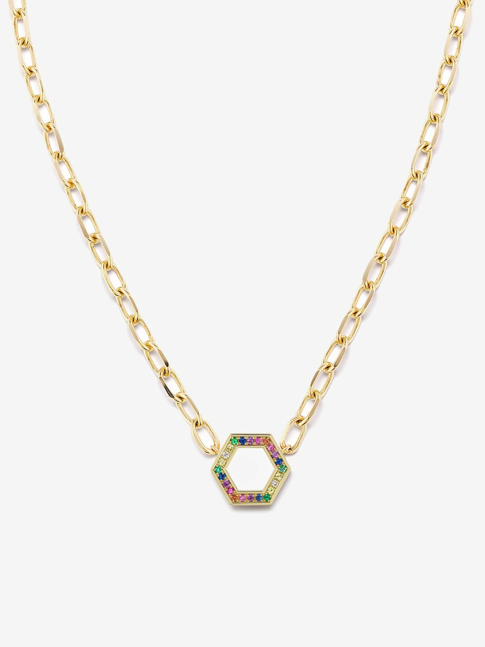 Harwell Godfrey 18K Yellow Gold Rainbow Sapphire Hexagon Necklace