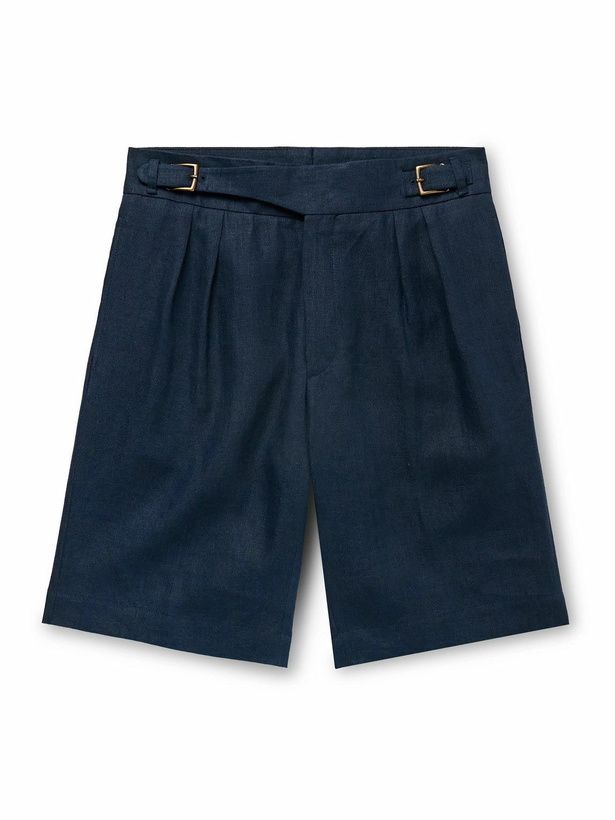 Photo: Anderson & Sheppard - Gurkha Straight-Leg Pleated Linen Shorts - Blue