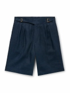 Anderson & Sheppard - Gurkha Straight-Leg Pleated Linen Shorts - Blue