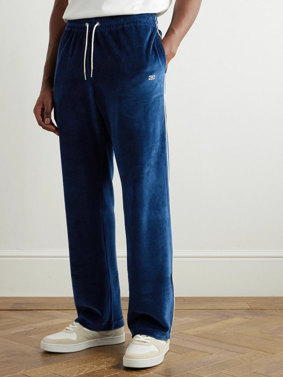 CELINE - Straight-Leg Logo-Embroidered Cotton-Blend Velour Track Pants - Blue