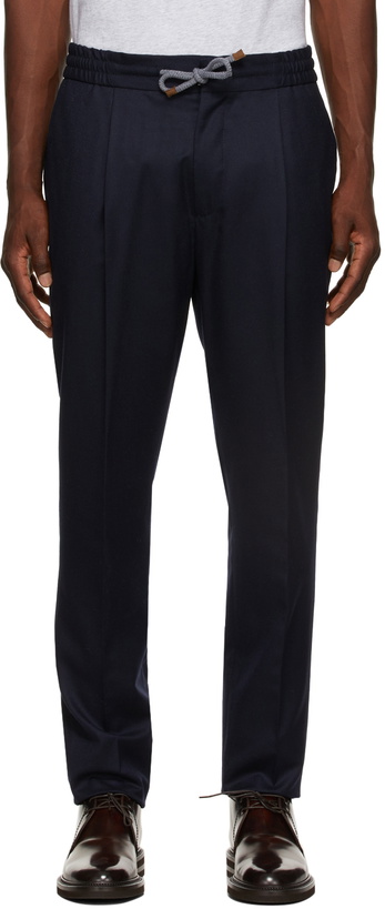 Photo: Brunello Cucinelli Navy Flannel Drawstring Trousers