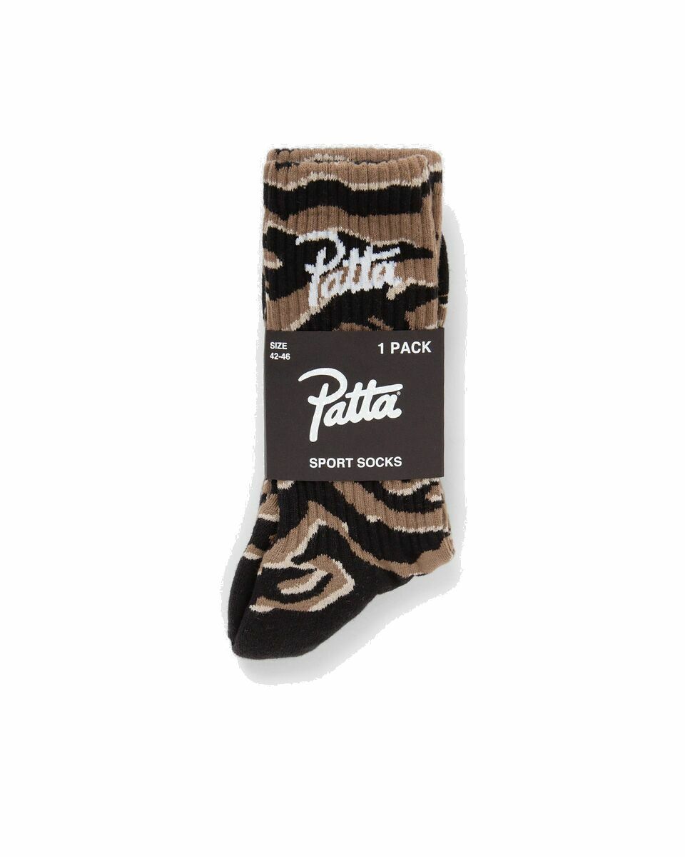 Photo: Patta Tiger Stripe Script Logo Sport Socks Black/Brown - Mens - Socks