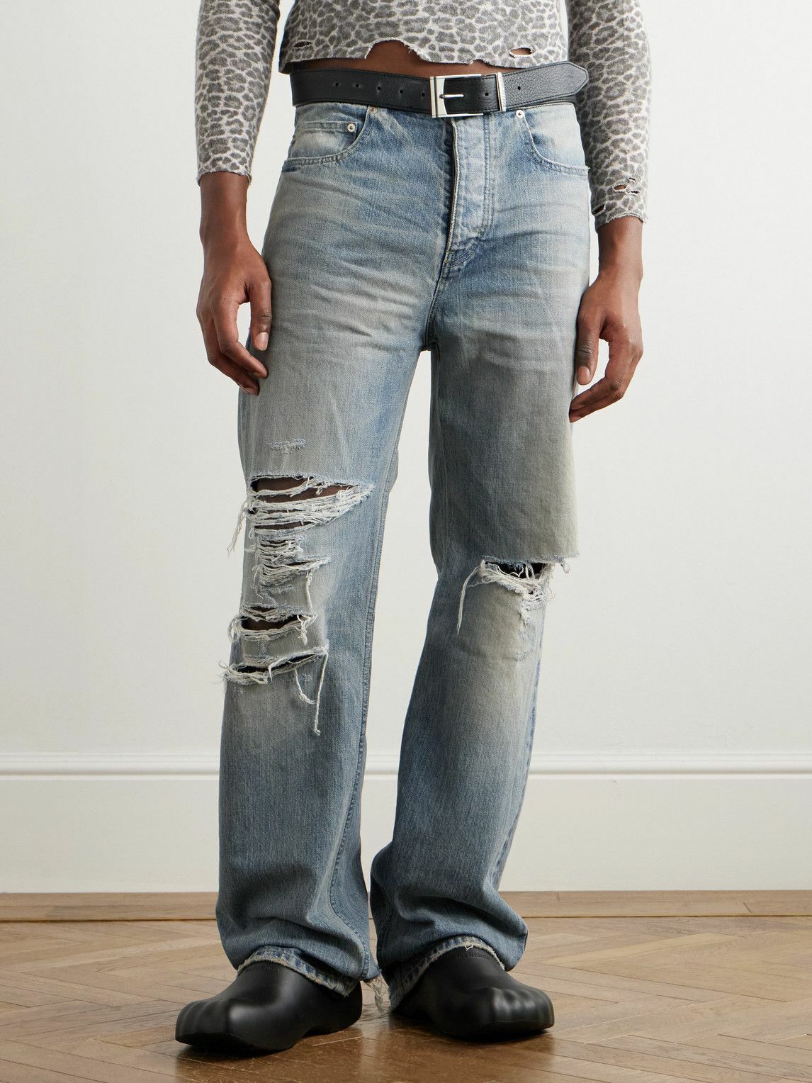 Balenciaga - Straight-Leg Belted Distressed Selvedge Jeans - Blue