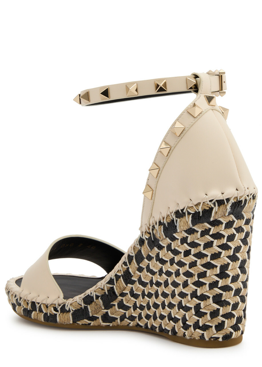Valentino Rockstud 100 Leather Wedge Espadrilles Ivory