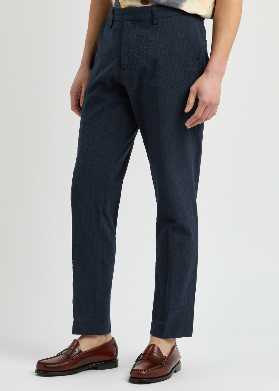 Wax London Alp Straight-leg Seersucker Trousers Navy