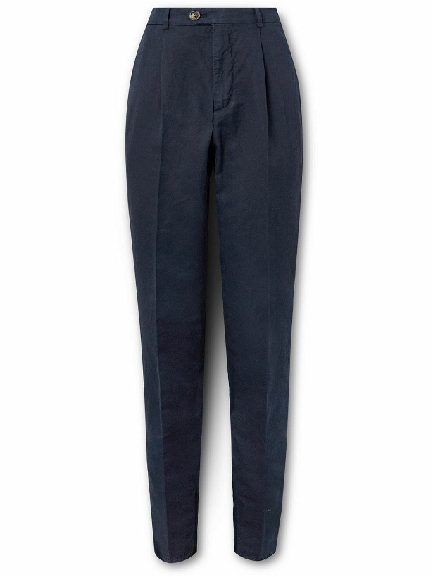 Photo: Brunello Cucinelli - Straight-Leg Pleated Linen and Cotton-Blend Trousers - Blue