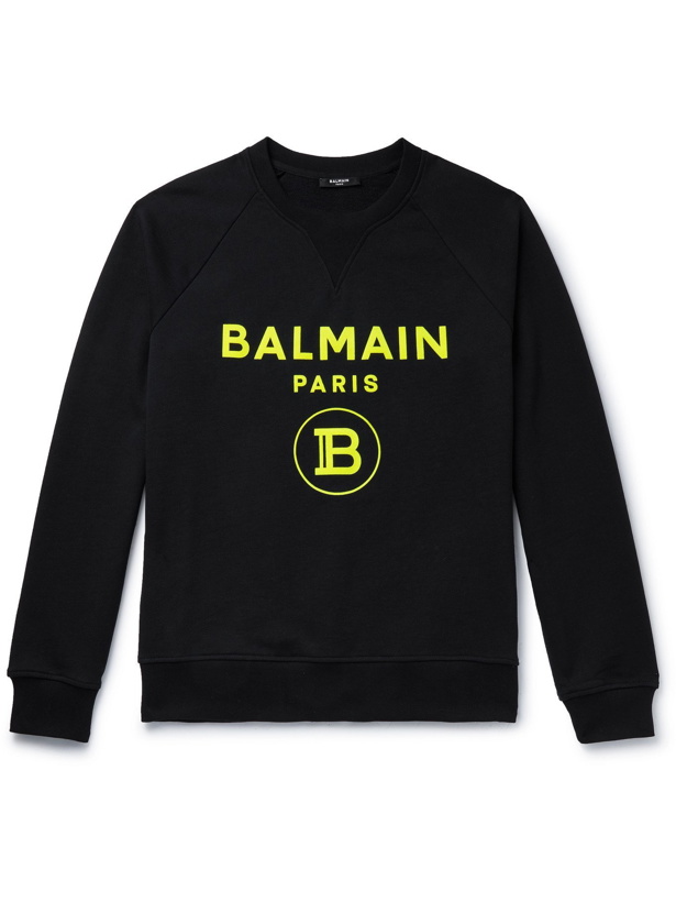 Photo: BALMAIN - Slim-Fit Logo-Flocked Cotton-Jersey Sweatshirt - Black - S